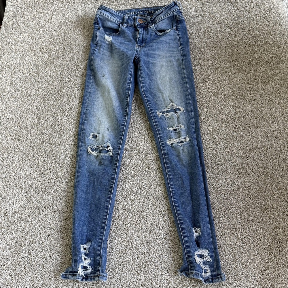 American Eagle Outfitters Skinny Jeans Womens 2 Med Wash Blue Distressed Stretch